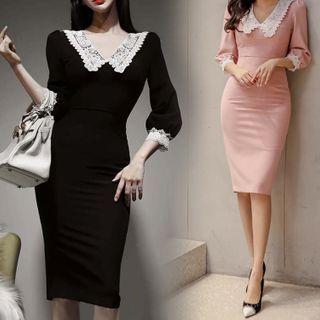 3/4-sleeve Lace Trim Midi Dress