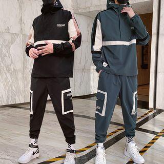 Set: Color Block Long-sleeve Top + Lettering Harem Pants