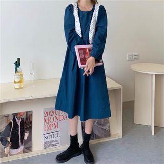 Eyelet Button-up Vest / Long-sleeve Plain Midi Dress