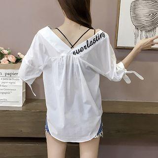 Letter Embroidered Elbow Sleeve Blouse
