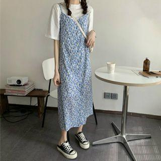 Short-sleeve T-shirt / Floral Strappy Midi A-line Dress