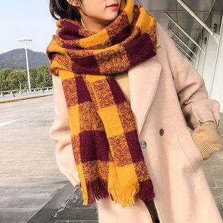 Plaid Fringed Scarf Plaid - Red & Yellow - One Size