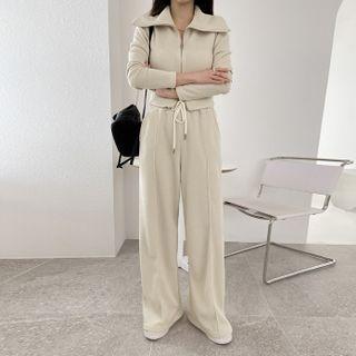 Set: Wide-collar Zip-up Jacket + Sweatpants