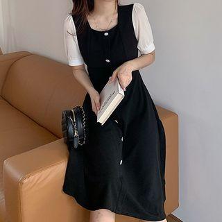 Two-tone Square-neck Short-sleeve A-line Dress