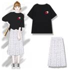 Short-sleeve Heart Applique T-shirt / Dotted Midi Skirt
