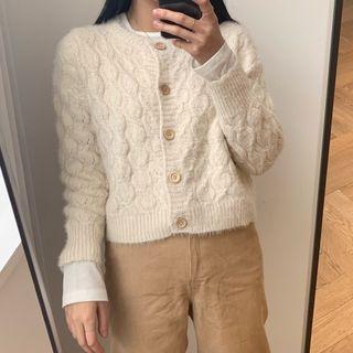 Long-sleeve Plain Cable-knit Cardigan