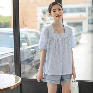 Short-sleeve Square-neck Gingham Shirt