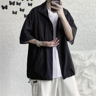 Elbow-sleeve Plain Zip Jacket