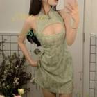 Sleeveless Qipao-collar Cut-out Drawstring Mini Dress