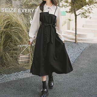 Mock Two-piece Lace-up Long-sleeve Midi Dress