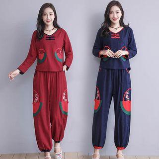 Set: Long-sleeve Linen Top + Harem Pants