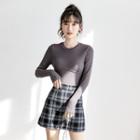 Set: Long-sleeve Top + Plaid Mini A-line Skirt