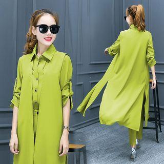 Set: Long Vest + Pocket Blouse + Pants