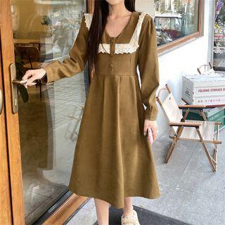 Long-sleeve V-neck Lace Trim A-line Midi Dress