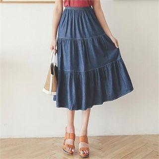 Band-waist Denim Tiered Skirt