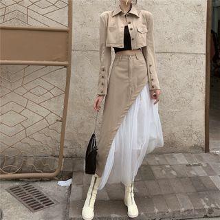 Plain Crop Top / Mesh Panel Skirt