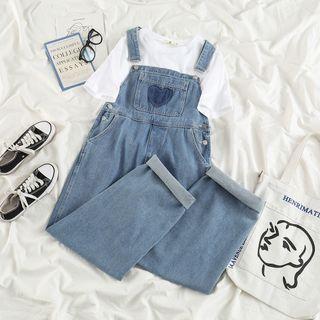 Short-sleeve Plain T-shirt / Heart Denim Jumper Pants