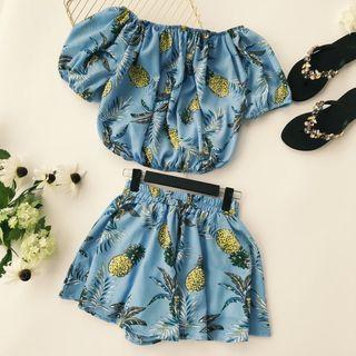 Set: Short-sleeve Fruit Print Top + Shorts