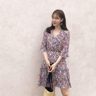 Bell-sleeve Frill-hem Floral Dress Ivory - One Size