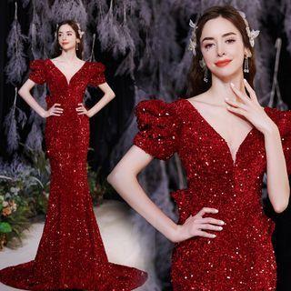 Puff-sleeve V-neck Sequined Sheath Evening Gown