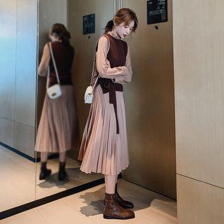 Set: Long-sleeve Midi A-line Pleated Dress + Knit Vest