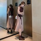 Set: Long-sleeve Midi A-line Pleated Dress + Knit Vest