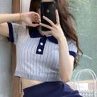 Short-sleeve Collar Knit Crop Top 50045# - Top - Blue Neck - Gray - One Size