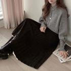 Long-sleeve Buttoned Turtleneck Knit Top / Pleated Midi A-line Skirt