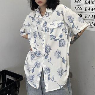 Elbow-sleeve Floral Print Shirt Blue Rose - White - One Size