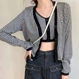 Set: Gingham Cropped Tank Top + Cardigan