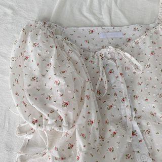 Floral Short-sleeve Tie-neck Blouse White - One Size
