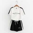 Set: Lettering Short-sleeve T-shirt + Shorts T-shirt - White - One Size / Shorts - Black - One Size