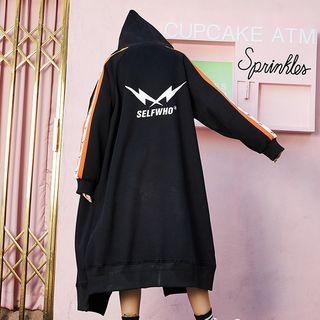 Print Asymmetrical Zip-up Long Hoodie Black - One Size