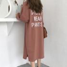 Lettering Long-sleeve Midi Henley T-shirt Dress