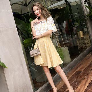 Set: Short-sleeve Lace Top + Spaghetti Strap Plaid A-line Dress