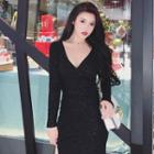 Long-sleeve Glitter Mini Bodycon Knit Dress