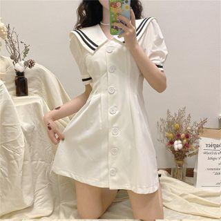 Striped Sailor Collar Puff Sleeve A-line Shirtdress