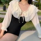 Long-sleeve Off Shoulder Two Tone Swimsuit