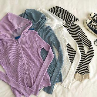 Striped Zipper Long-sleeve Knit Cardigan