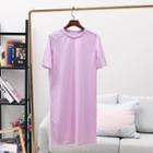 Short-sleeve Plain T-shirt Dress Purple - One Size