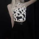 Halter-neck Cow Print Cropped Camisole Top Milky White - One Size