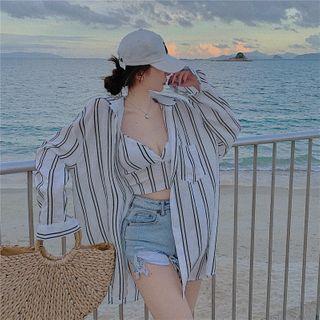 Long-sleeve Striped Shirt / Striped Cropped Top