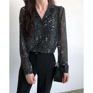 Notched-collar Pattern Chiffon Shirt