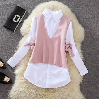 Bow Neck Blouse / Knit Vest / Set