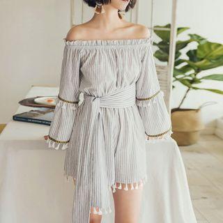 Off-shoulder Long-sleeve Striped Playsuit