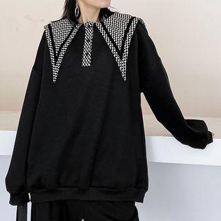 Houndstooth Sailor-collar Sweatshirt Black - One Size