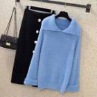 Set: Collared Sweater + Front Slit Straight-fit Skirt