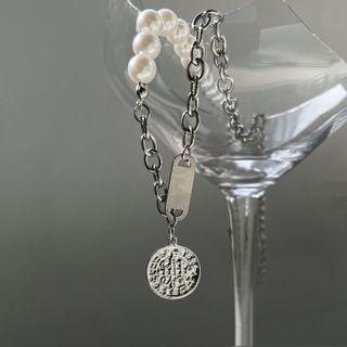 Embossed Disc Pendant Faux Pearl Stainless Steel Necklace White & Silver - One Size