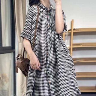 Short-sleeve Gingham Tunic Shirt