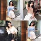 Plain V-neck Off-shoulder Long-sleeve Top